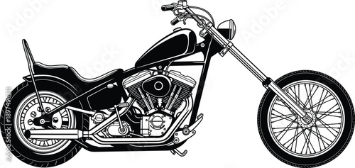 Custom chopper motorcycle illustration showing classic cruiser bike design engine details retro motorbike silhouette black vector artwork