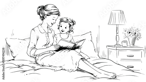 Mother Reading Bedtime Fairy Story to Kid Vector with Outline