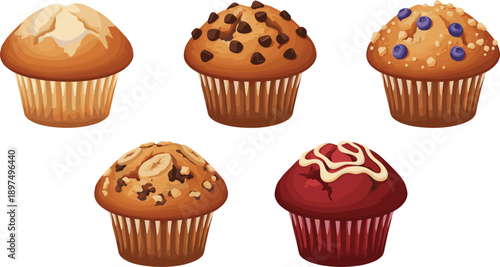Assorted Muffins Set with Chocolate Chips Blueberries Nuts and Icing Isolated on White Background Vector Illustration