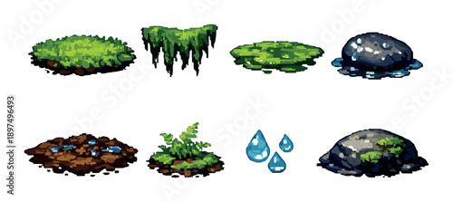 Pixel art terrain tiles: grass, moss, water, rock, mud, leaves, drops