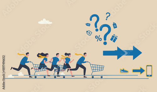 High demand products, sale season e-commerce discount website or marketing campaign drawing customers buy product concept, consumer people with shopping cart compete running race tracks.