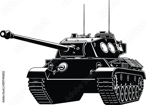 Military battle tank silhouette, modern armored vehicle army warfare defense concept, heavy combat machine, black vector illustration, isolated white background