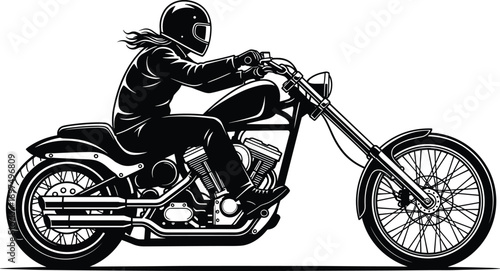 Motorcycle rider silhouette illustration, custom chopper bike side view, biker lifestyle freedom concept, classic motorbike, black vector isolated