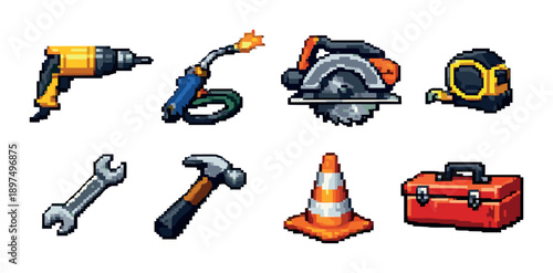 Pixel art tools icon set featuring drill, blowtorch, saw, toolbox, and more