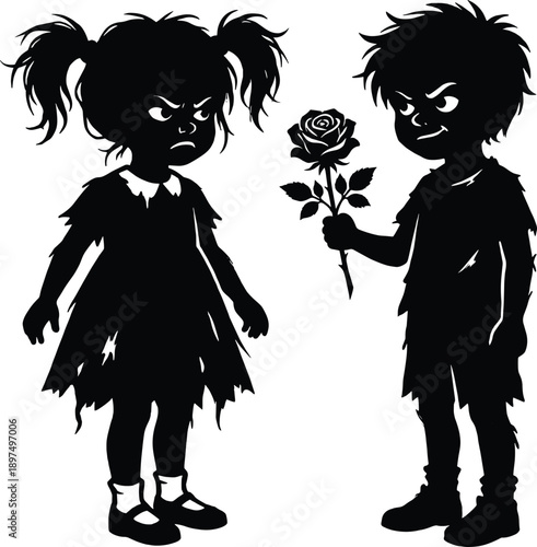 Silhouette of angry little boy giving rose to angry girl vector illustration