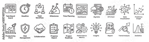 Business and finance line icon set with analytics, marketing, growth strategy, investment, planning and management symbols, minimal outline vector collection for UI, UX, web and infographic design