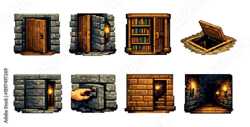 Pixelated dungeon doors and secret passage with bookshelf and trapdoor