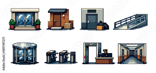 Pixel art building entrances and hallway icons with various architectural features