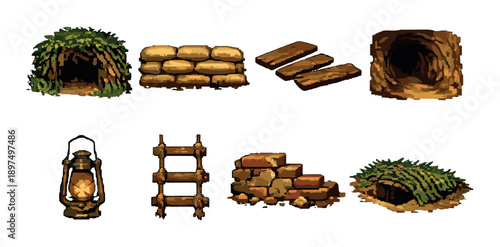 Pixel art dungeon elements: caves, tunnels, entrances, and structures