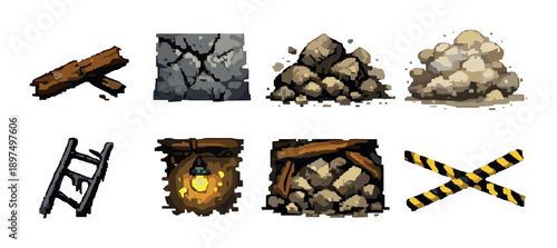 Collection of pixel art mining elements and obstacles