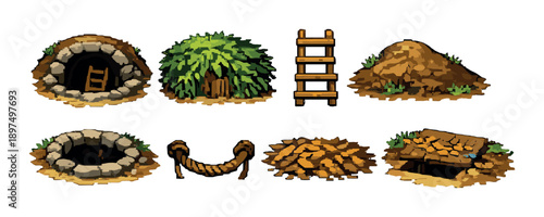 Collection of various cartoon cave entrances and exits in different textures