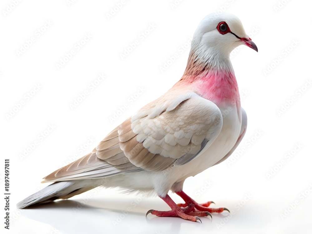 Obraz premium A pigeon standing on a white surface with a pink neck and gray feathers