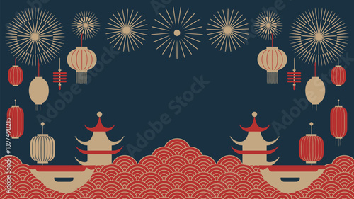  Festive celebration, Chinese New Year, with lanterns, fireworks, and traditional pagodas, symbolizing prosperity, happiness, cultural heritage, and joyful holiday atmosphere