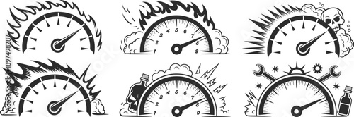 Speedometer Gauge Icon Set, Automotive Dashboard Meter, RPM Tachometer, and Performance Indicators Collection.