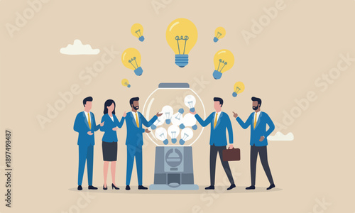 Business ideas entrepreneur innovation light bulb symbol concept, smart businessman with a lot of ideas standing with gumball machine with abundance of lightbulb ideas.
