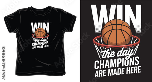 Dynamic basketball t-shirt design featuring champions quote and orange ball