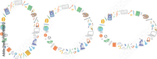 学校生活の文房具や学用品　イラストの丸フレームセット