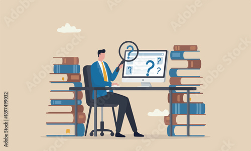 Fake news or on big books website and social media, screening or verify truth before sharing or believe concept, man with magnifying glass verify fake news on website on computer.