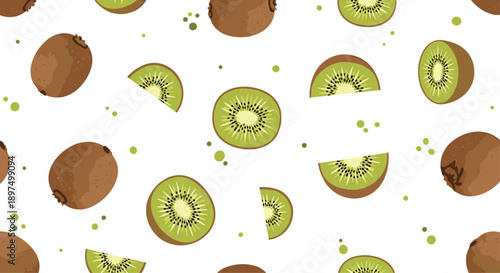 Vibrant green kiwi fruits and slices are scattered with juice droplets in a fresh seamless pattern that celebrates healthy organic food.