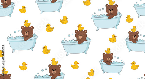 Adorable brown bear enjoys a bubbly bath with yellow rubber ducks in this charming seamless pattern designed for children bathrooms.