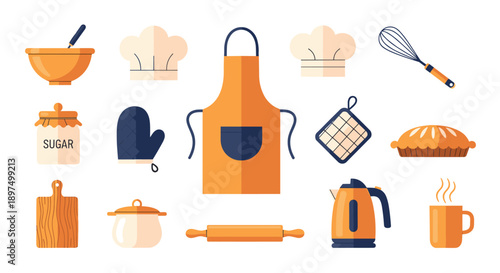 Flat vector set of kitchen items for baking and cooking featuring an apron, chef hat, rolling pin, kettle, and teapot in warm tones.