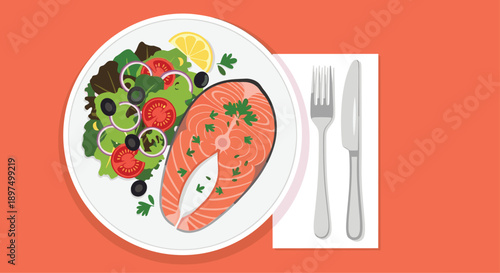 Delicious healthy meal illustration featuring a grilled salmon steak served with a fresh garden salad and lemon on a plate.