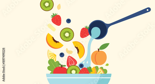 Dynamic illustration of fresh fruits like strawberries, kiwi, and peaches falling into a bowl with a ladle pouring water.