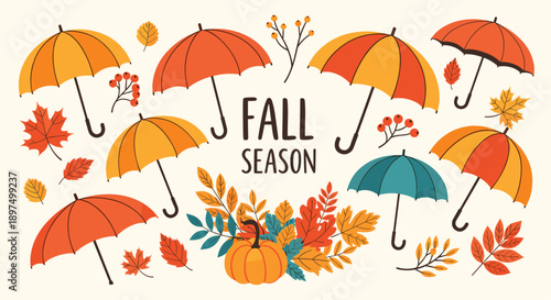 Colorful autumn-themed illustration featuring various umbrellas, fallen leaves, berries, and a pumpkin around the text Fall Season.