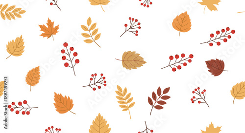 Warm and inviting seamless pattern of various falling autumn leaves and red berries on a clean white background.