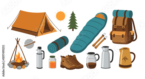 Comprehensive set of camping gear including a tent, backpack, sleeping bag, campfire, boots, and thermos for outdoor adventures.