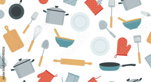 Busy seamless pattern of various kitchen utensils, pots, pans, and baking tools in a modern flat illustration style.