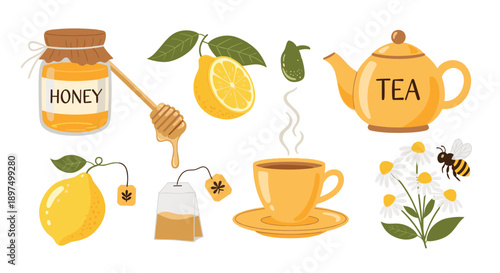 Delightful collection of tea-time illustrations featuring a teapot, honey jar, lemon, tea bags, and chamomile flowers.