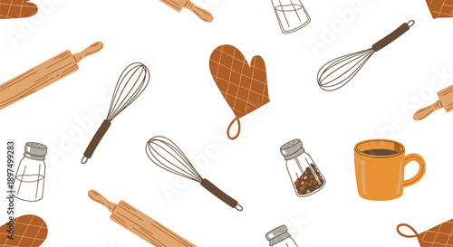 Simple and clean seamless pattern featuring baking essentials like whisks, rolling pins, salt shakers, and oven mitts.