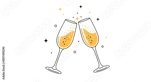 Festive illustration of two champagne flutes clinking in a toast with sparkling stars and bubbles on a white background.