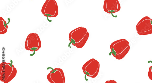 Fresh and healthy seamless pattern of whole red bell peppers with green stems scattered across a clean white background for kitchen design use.