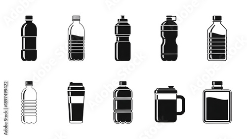Water Bottle Silhouette Black Plastic Container Outline Vector Set