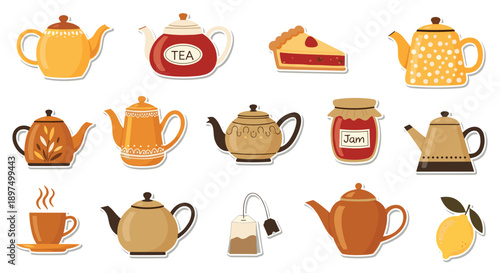 Cozy collection of various teapot designs, tea cups, a tea bag, jam jar, pie slice, and lemon stickers for a tea party theme or cafe menu decor.
