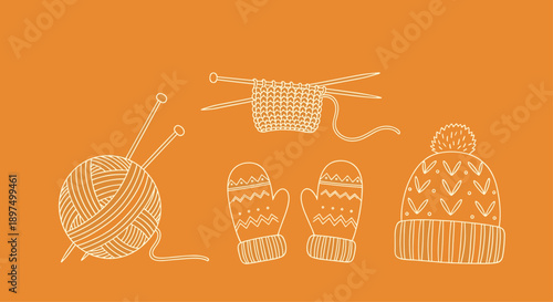 Cozy knitting and craft themed illustration featuring yarn with needles, a half-finished knit piece, warm mittens, and a winter pom-pom hat.