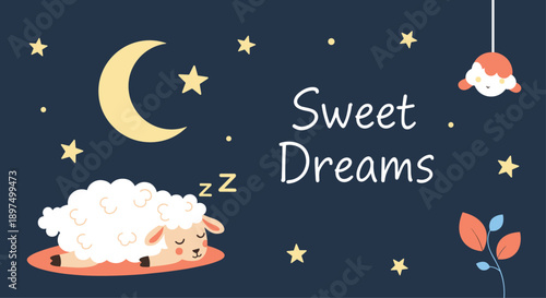 Adorable sweet dreams illustration with a fluffy sleeping sheep, a crescent moon, golden stars, and a baby mobile on a dark blue background.