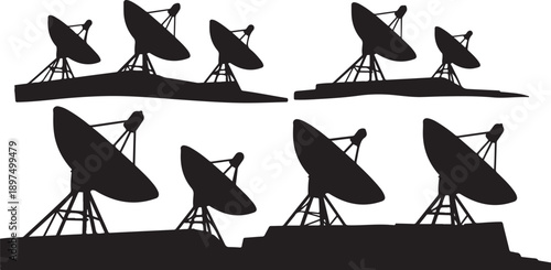 Silhouette of multiple radio telescopes on a white background