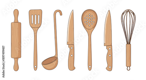 Professional set of wooden kitchen utensils including a rolling pin, spatula, ladle, cooking knives, a whisk, and a large perforated spoon.