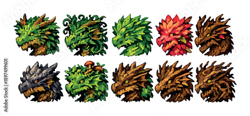 Pixel art fantasy dragon heads displaying diverse colors and patterns