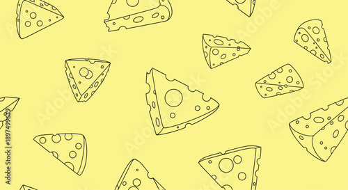 Hand drawn seamless pattern of yellow cheese wedges with holes in a sketchy line art style ideal for food and dairy themed backgrounds.