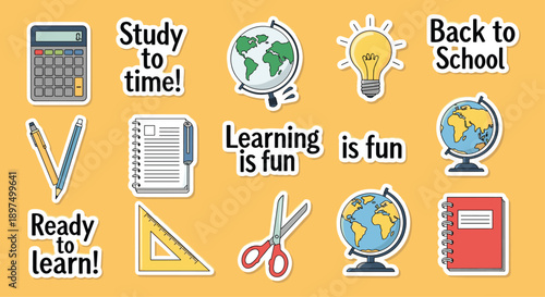 Fun back to school sticker collection including a calculator, globe, scissors, lightbulb, notebooks, and pens on an orange background.