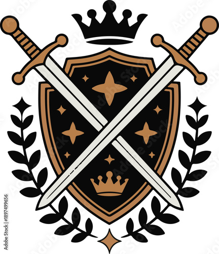 Crossed swords shield emblem featuring royal crowns and stars with laurel leaf decoration