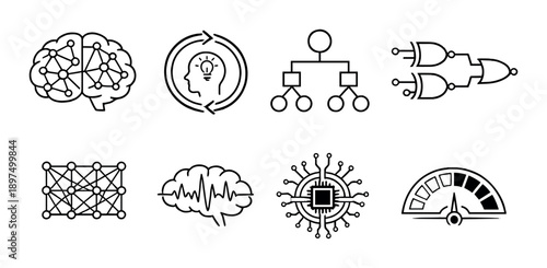 Ai icon set: brain, network, circuit, intelligence, data, concept on gray background