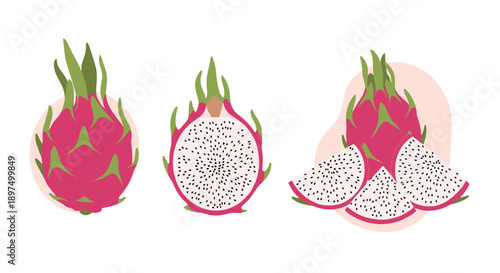 Beautiful dragon fruit collection presenting whole fruits and sliced wedges against a soft pink abstract shape for an exotic fruit design.