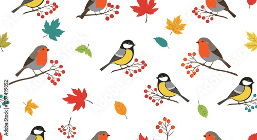 Lively seamless autumn pattern with robins and tits birds perched on berry branches among colorful fallen maple and oak leaves on white.