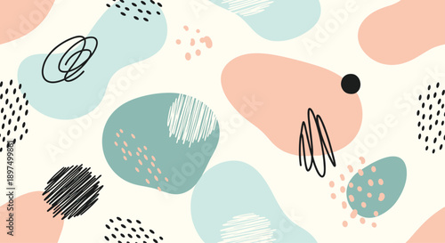 Modern abstract seamless pattern with organic shapes in pastel blue and peach colors mixed with hand drawn dots and scribbled line motifs.