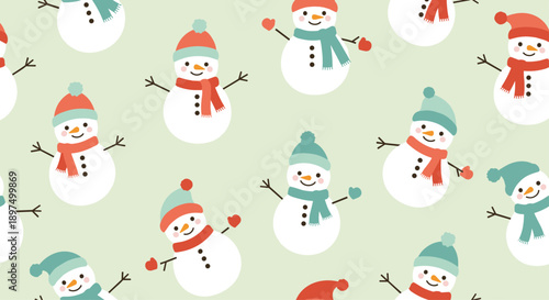 Happy seamless pattern of cute snowmen with carrot noses wearing various winter hats and scarves on a soft sage green background surface.